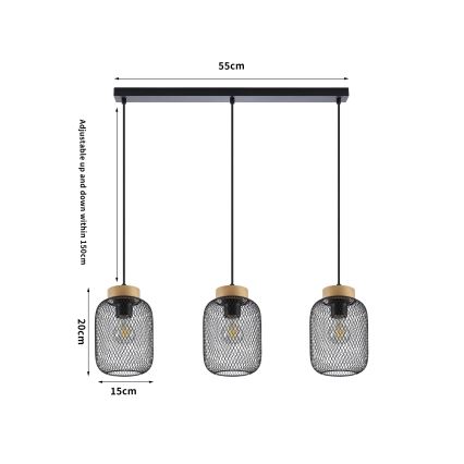 Brilagi - Hanglamp aan snoer BASKLITE 3xE27/15W/230V rubberhout/zwart