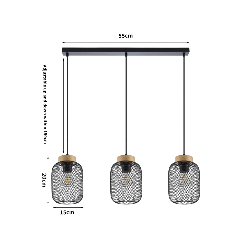 Brilagi - Hanglamp aan snoer BASKLITE 3xE27/15W/230V rubberhout/zwart
