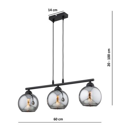 Brilagi - Hanglamp aan snoer DIOR 3xE27/60W/230V zwart/rookgrijs