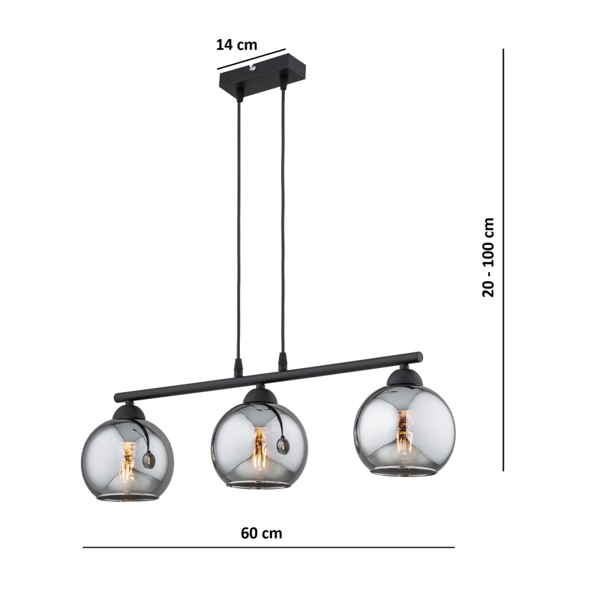Brilagi - Hanglamp aan snoer DIOR 3xE27/60W/230V zwart/rookgrijs