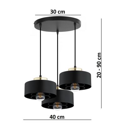 Brilagi - Hanglamp aan snoer SPRING 3xE27/60W/230V zwart/goud