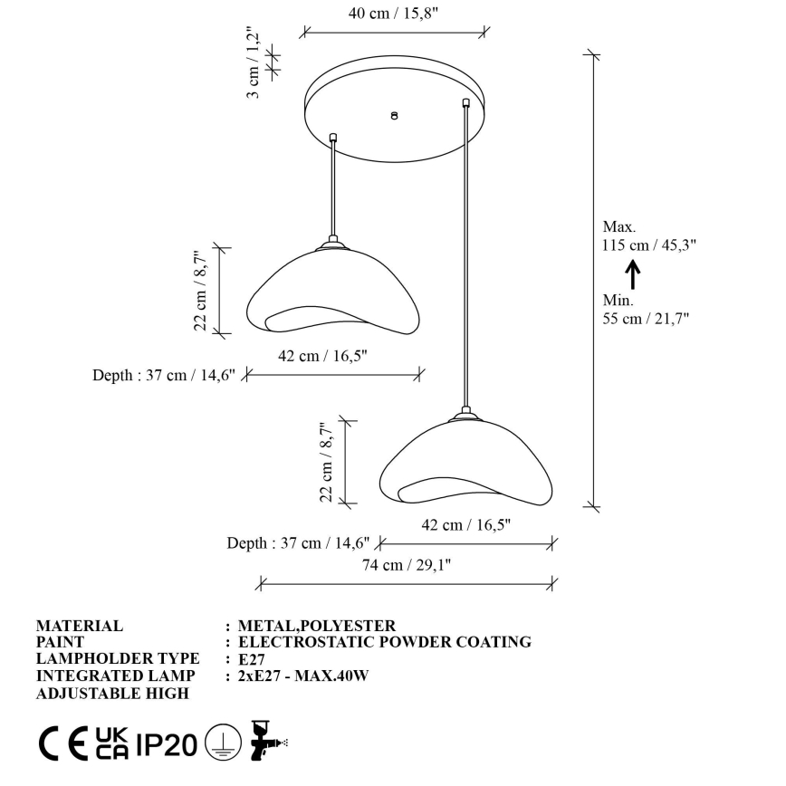 Brilagi - Hanglamp aan snoer WABI SABI 2xE27/40W/230V Ø 74 cm wit