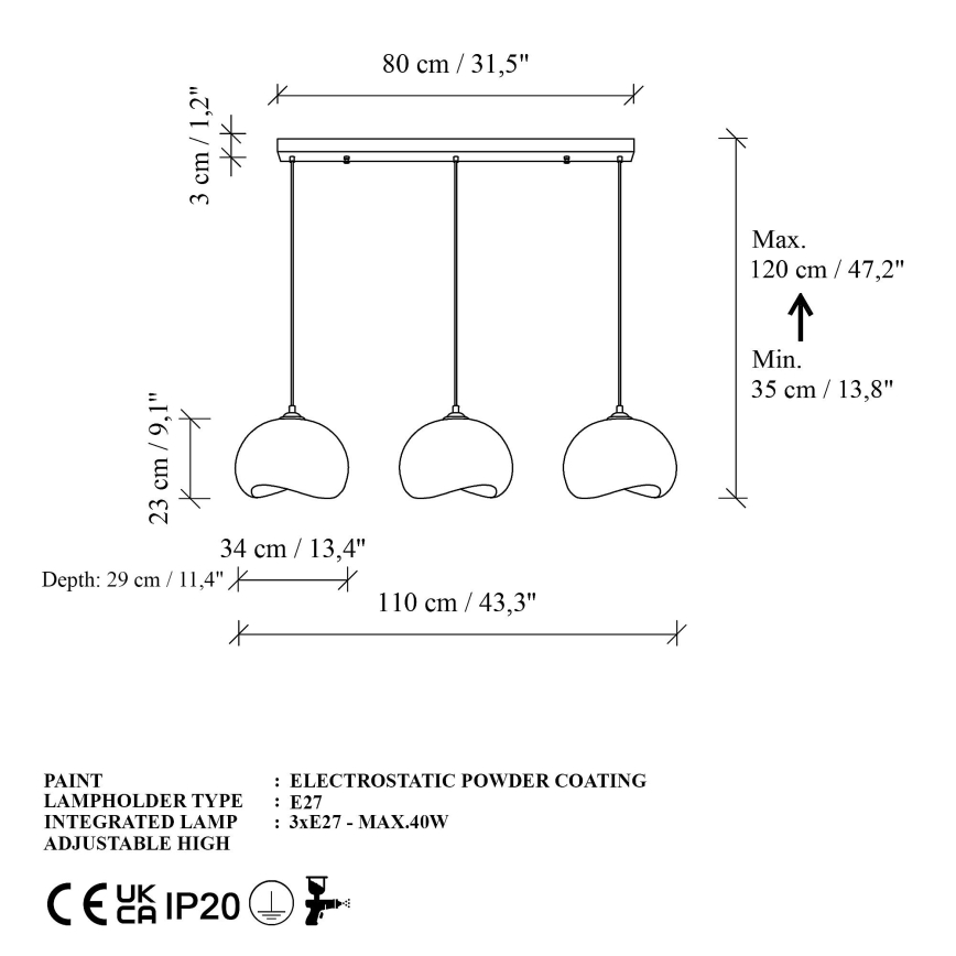 Brilagi - Hanglamp met kabel WABI SABI 3xE27/40W/230V wit