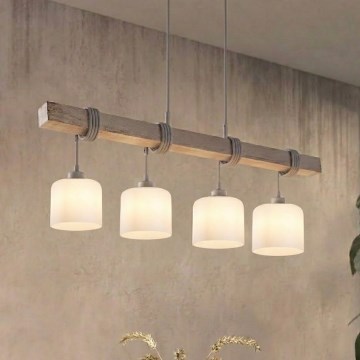 BRILAGI - Hanglamp met kabel WOOD GLASS 4xE27/60W/230V dennenhout/grijs/wit