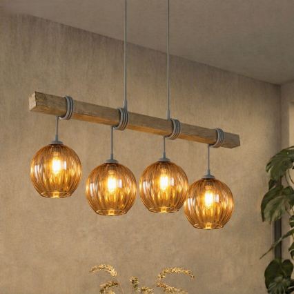 BRILAGI - Hanglamp aan kabel WOOD GLASS 4xE27/60W/230V grenen/grijs/rookbruin