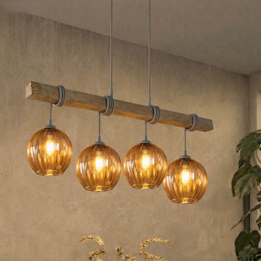 BRILAGI - Hanglamp aan kabel WOOD GLASS 4xE27/60W/230V grenen/grijs/rookbruin