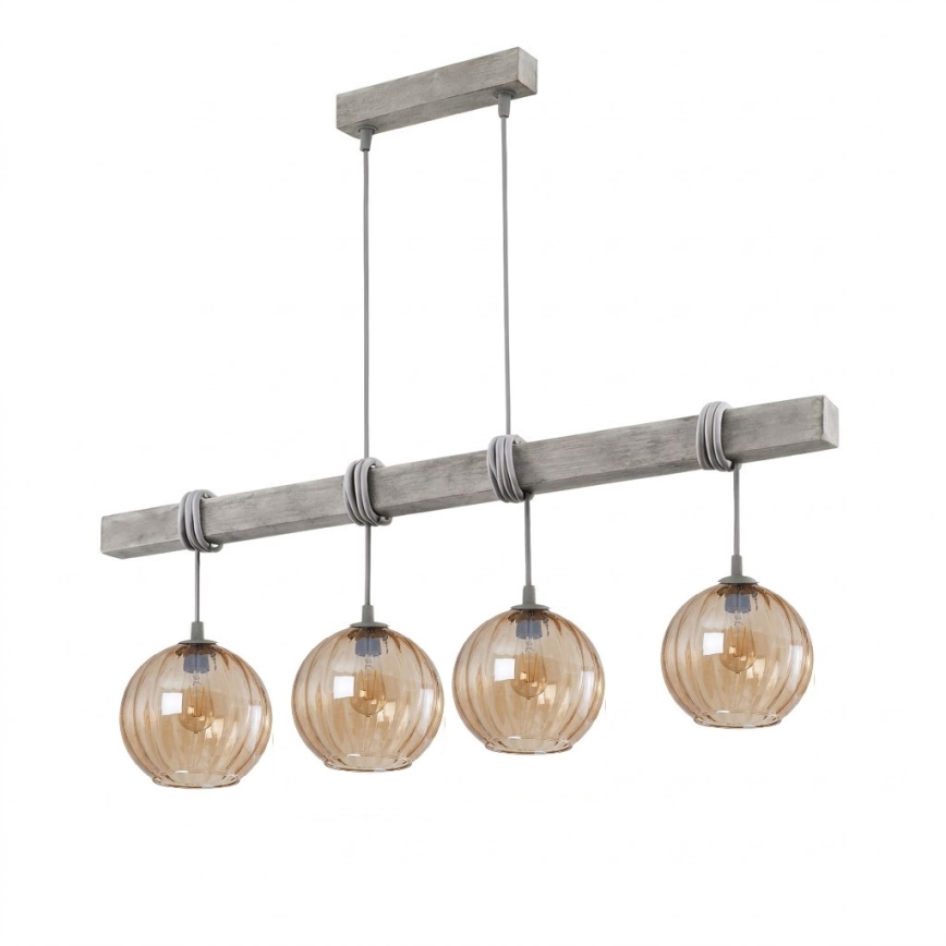 BRILAGI - Hanglamp aan kabel WOOD GLASS 4xE27/60W/230V grenen/grijs/rookbruin