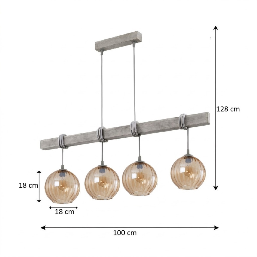BRILAGI - Hanglamp aan kabel WOOD GLASS 4xE27/60W/230V grenen/grijs/rookbruin
