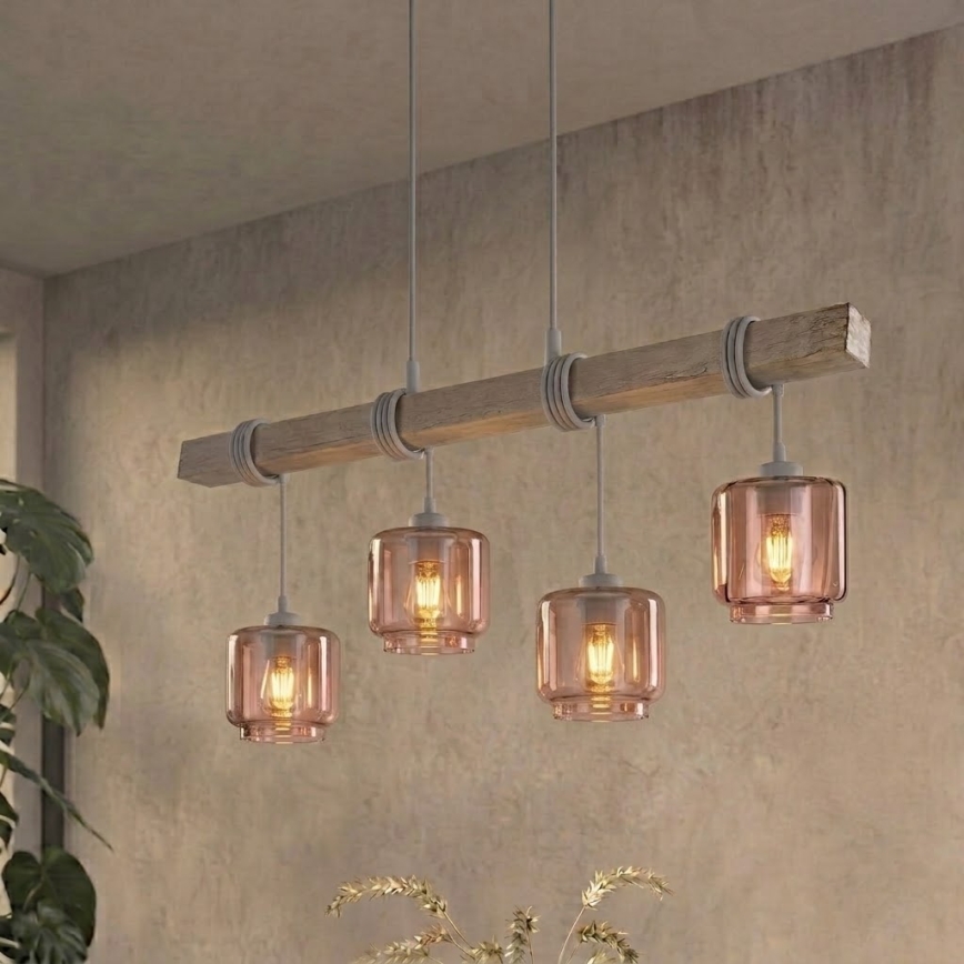 BRILAGI - Hanglamp met kabel WOOD GLASS 4xE27/60W/230V grenen/grijs/smoky beige