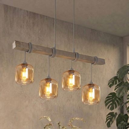 BRILAGI - Hanglamp aan kabel WOOD GLASS 4xE27/60W/230V grenen/grijs/rookbruin