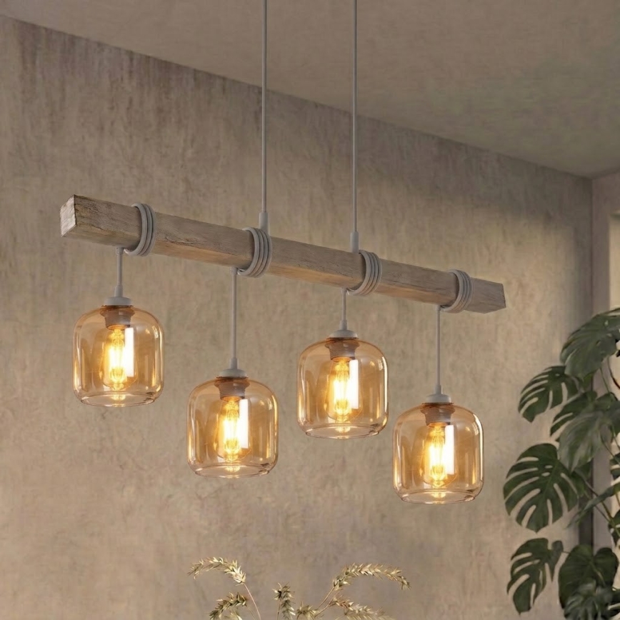 BRILAGI - Hanglamp aan kabel WOOD GLASS 4xE27/60W/230V grenen/grijs/rookbruin