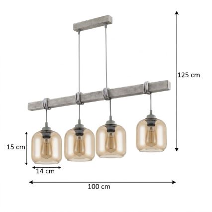 BRILAGI - Hanglamp aan kabel WOOD GLASS 4xE27/60W/230V grenen/grijs/rookbruin