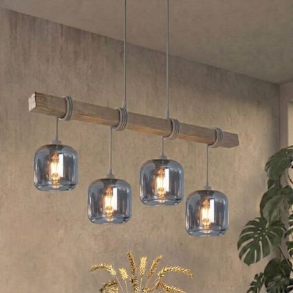 BRILAGI - Hanglamp met kabel WOOD GLASS 4xE27/60W/230V grenen/grijs/rookgrijs