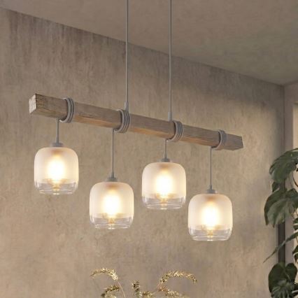BRILAGI - Hanglamp met kabelophanging WOOD GLASS 4xE27/60W/230V grenen/grijs/wit