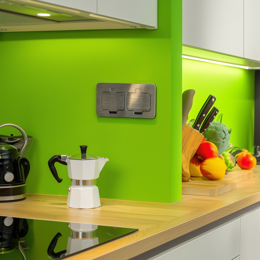 Brilagi - Keuken inbouw dubbele wandcontactdoos INBOX IP55 mat chroom rechthoekig