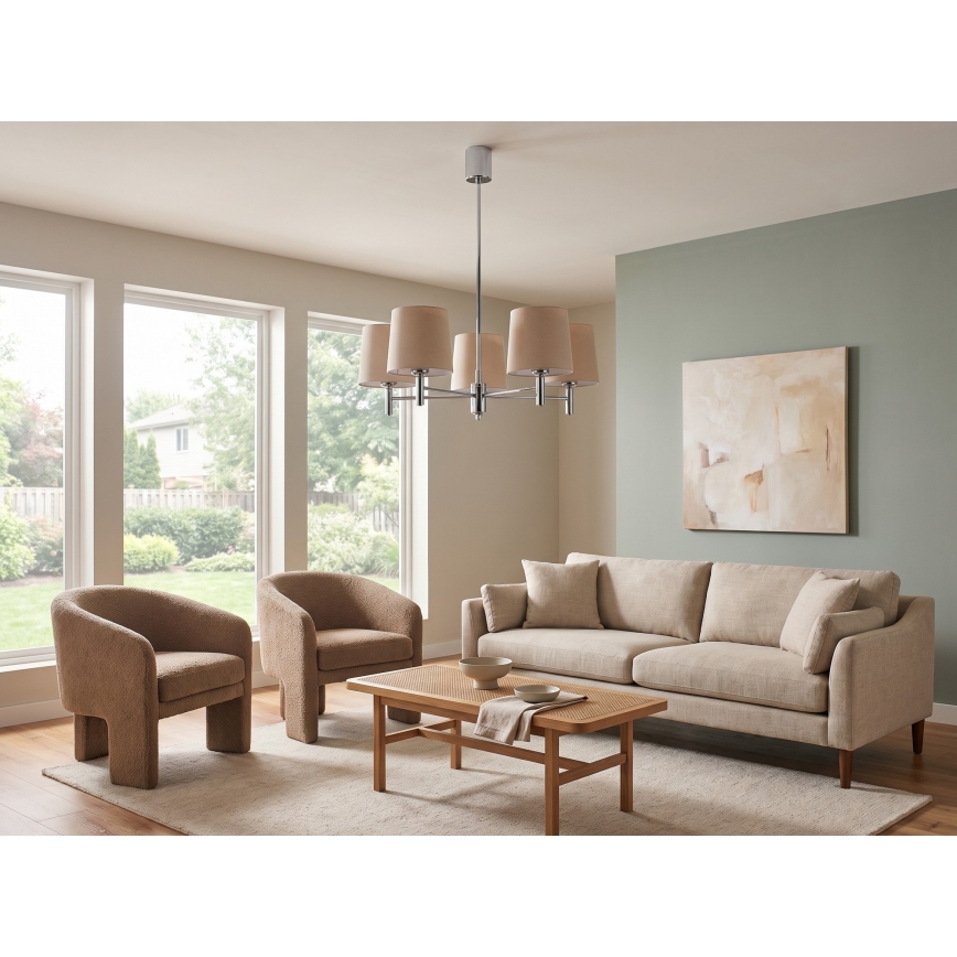Brilagi - Kroonluchter met stang MONTE 5xE27/60W/230V beige/glanzend chroom