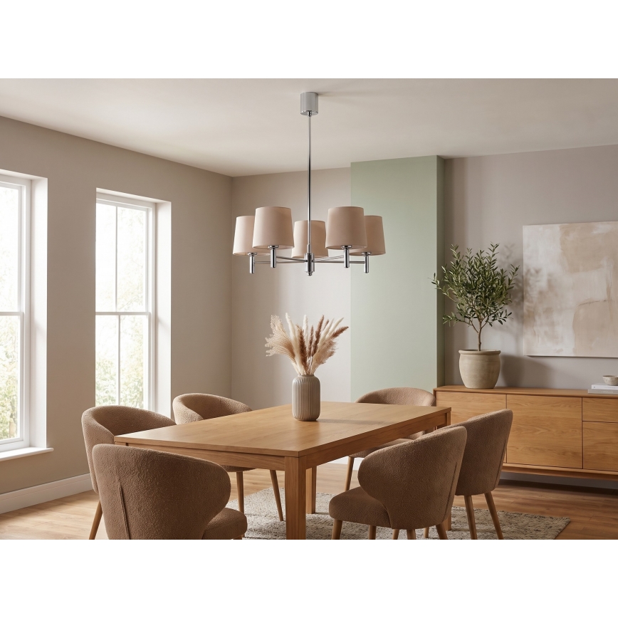 Brilagi - Kroonluchter met stang MONTE 5xE27/60W/230V beige/glanzend chroom