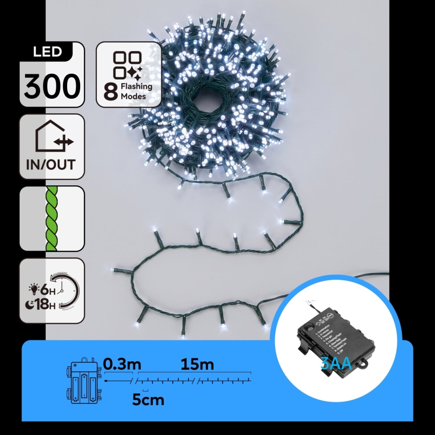 BRILAGI - LED buiten kerstverlichting 300xLED/3xAA/8 functies 15,3m IP44 koud wit
