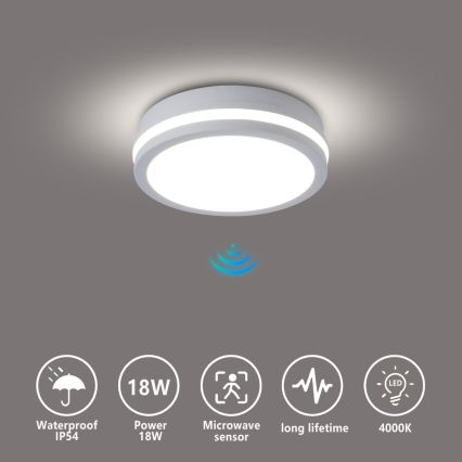 Brilagi - LED buitenplafondlamp met sensor BENE LED/18W/230V Ø 21,5 cm wit IP54