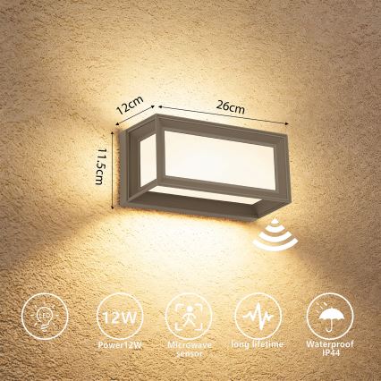 Brilagi - LED buitenwandlamp met sensor PARKER LED/12W/230V grijs IP44