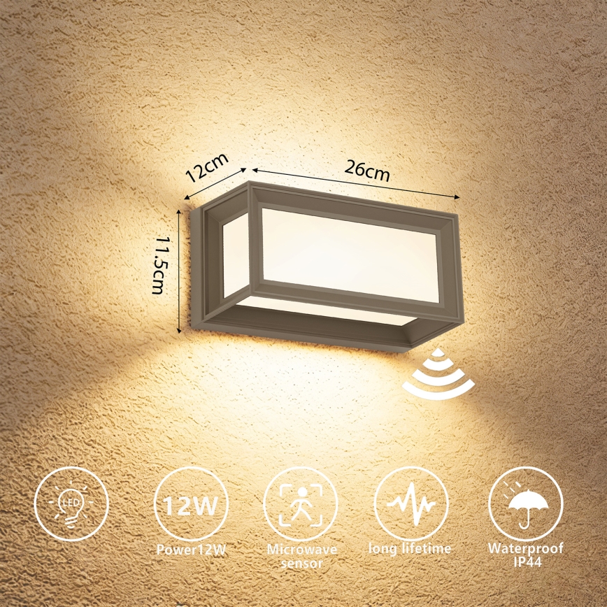 Brilagi - LED buitenwandlamp met sensor PARKER LED/12W/230V grijs IP44