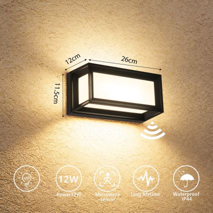 Brilagi - PARKER LED/12W/230V buitenwandlamp met sensor, zwart, IP44