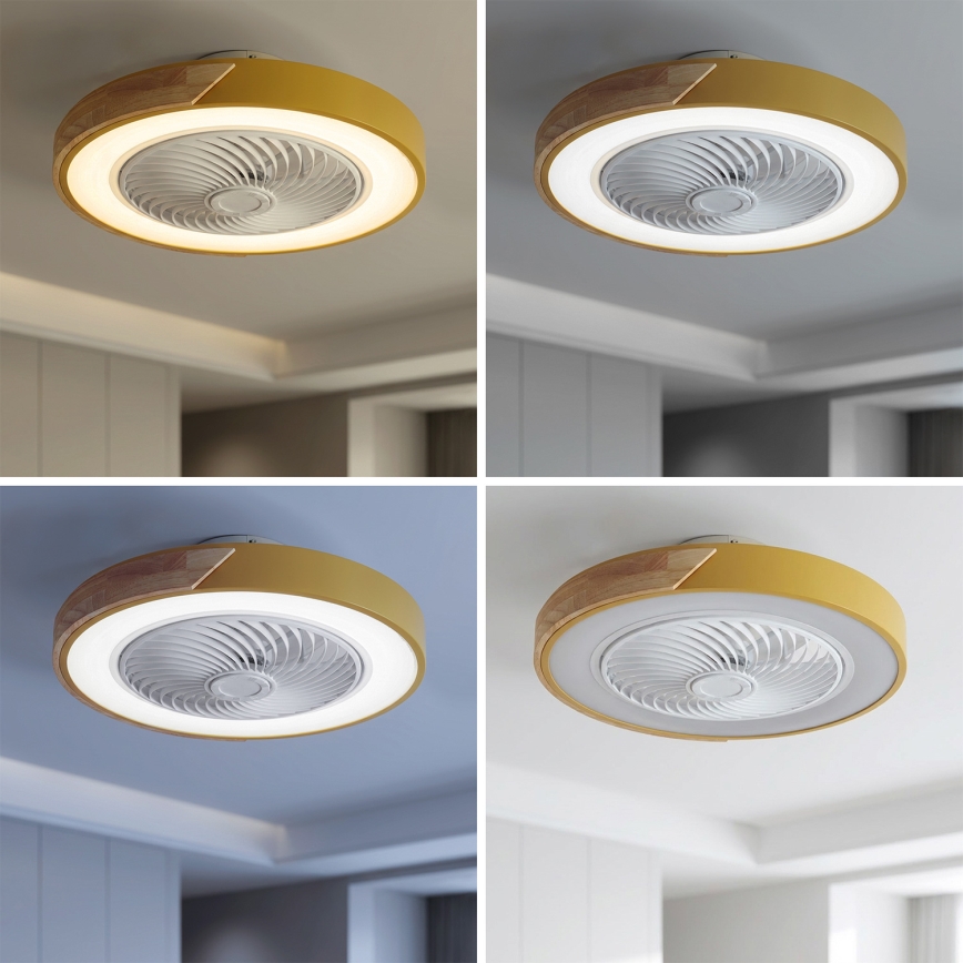 Brilagi - Dimbare LED-plafondlamp met geïntegreerde ventilator, 38 W, 230 V, 3000–6500 K, Ø 50 cm, goud/eiken + afstandsbediening