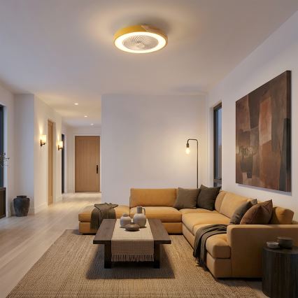 Brilagi - Dimbare LED-plafondlamp met geïntegreerde ventilator, 38 W, 230 V, 3000–6500 K, Ø 50 cm, goud/eiken + afstandsbediening