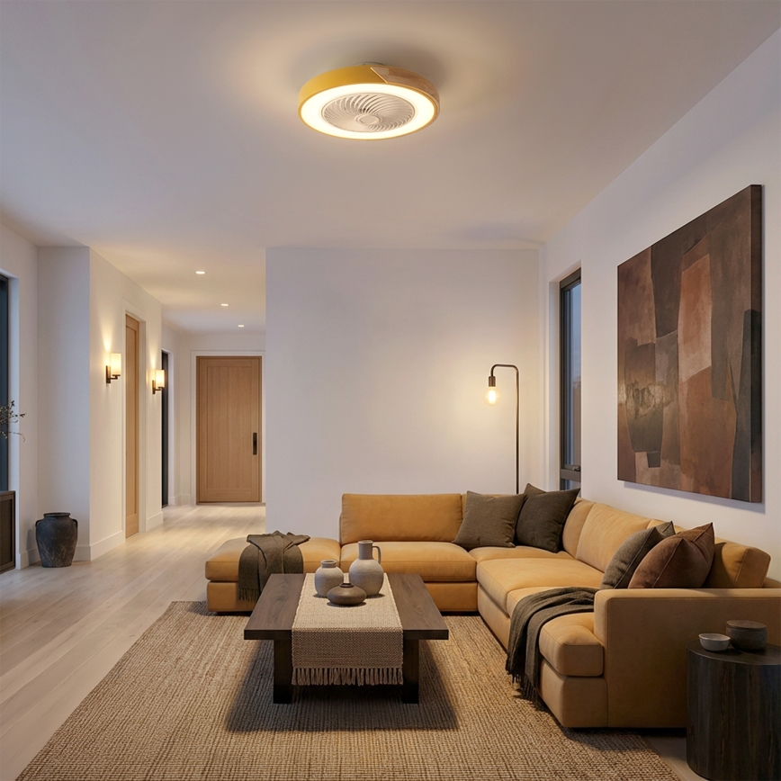 Brilagi - Dimbare LED-plafondlamp met geïntegreerde ventilator, 38 W, 230 V, 3000–6500 K, Ø 50 cm, goud/eiken + afstandsbediening