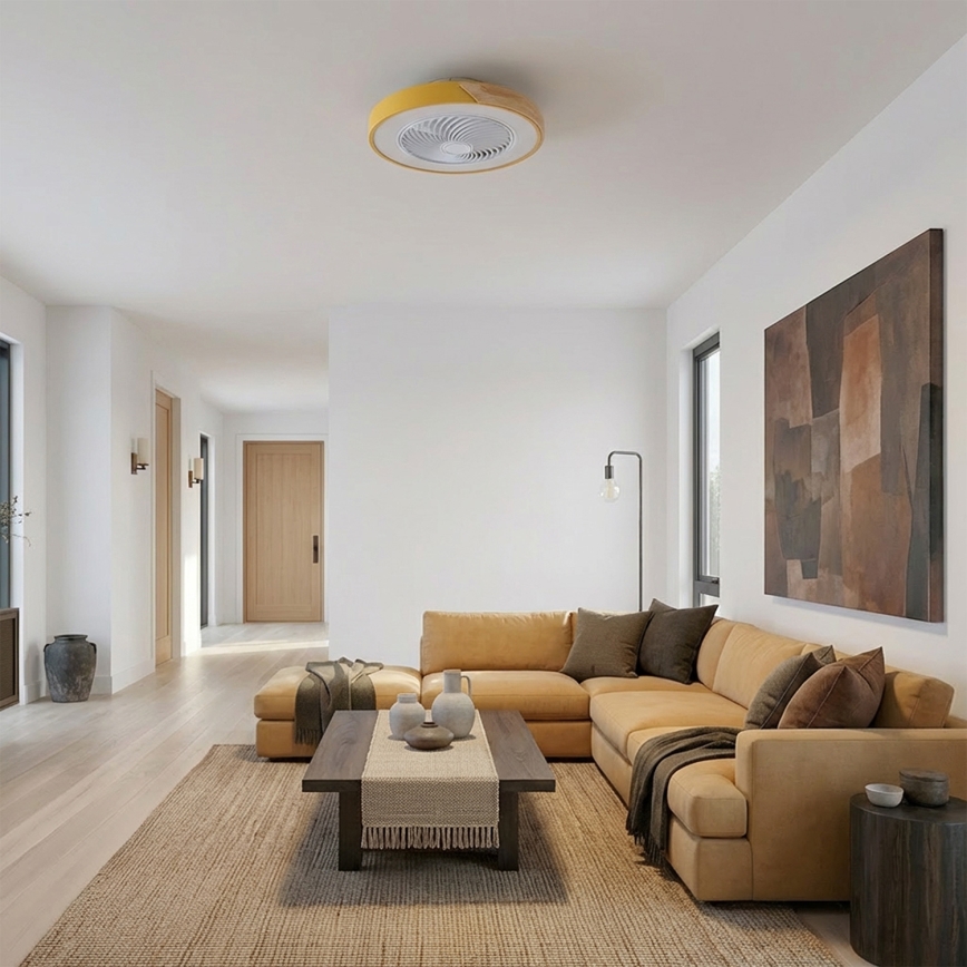 Brilagi - Dimbare LED-plafondlamp met geïntegreerde ventilator, 38 W, 230 V, 3000–6500 K, Ø 50 cm, goud/eiken + afstandsbediening