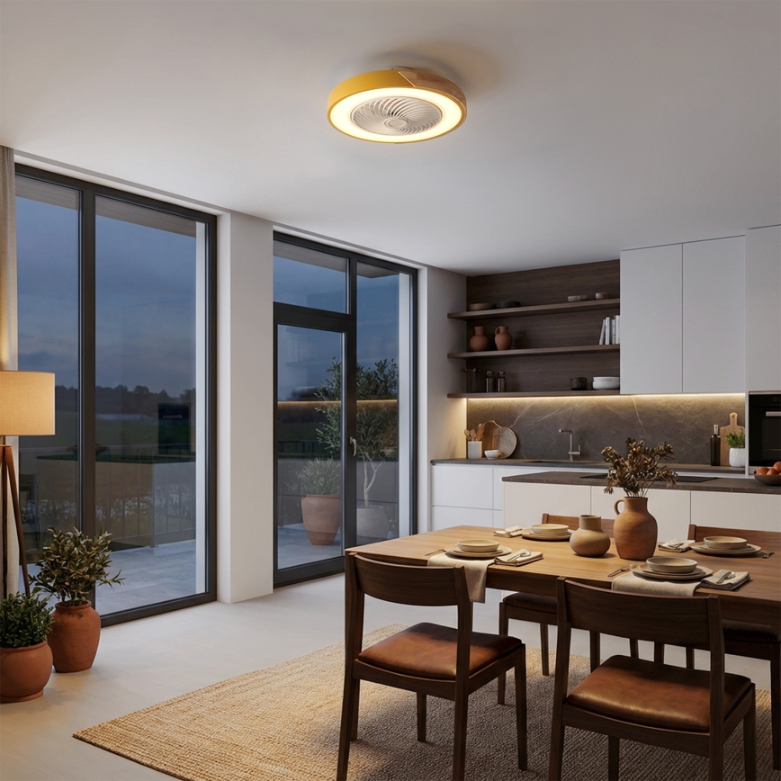 Brilagi - Dimbare LED-plafondlamp met geïntegreerde ventilator, 38 W, 230 V, 3000–6500 K, Ø 50 cm, goud/eiken + afstandsbediening
