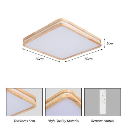 Brilagi - LED dimbare plafondlamp MOLINA SQUARE LED/80W/230V 3000-6000K eiken 60x60 cm + afstandsbediening