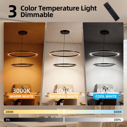 Brilagi - LED dimbare hanglamp aan kabel PORTOFINO LED/98W/230V 3000-6000K Ø 80 cm zwart + afstandsbediening