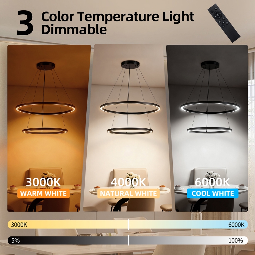 Brilagi - LED dimbare hanglamp aan kabel PORTOFINO LED/98W/230V 3000-6000K Ø 80 cm zwart + afstandsbediening