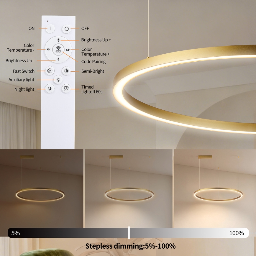 Brilagi - Dimbare LED-hanglamp met kabelophanging PORTOFINO LED/60W/230V 3000-6000K Ø 80 cm goudkleurig + afstandsbediening