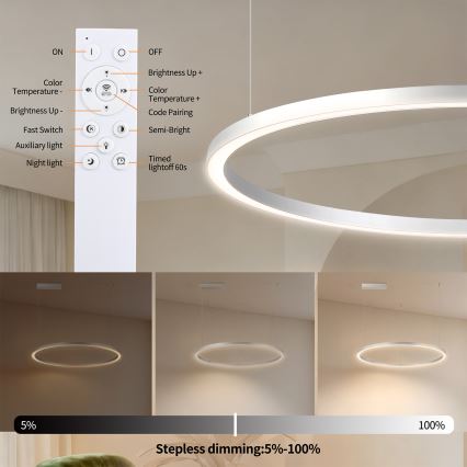 Brilagi - Dimbare LED-hanglamp met kabel PORTOFINO LED/60W/230V 3000-6000K Ø 80 cm zilver + afstandsbediening