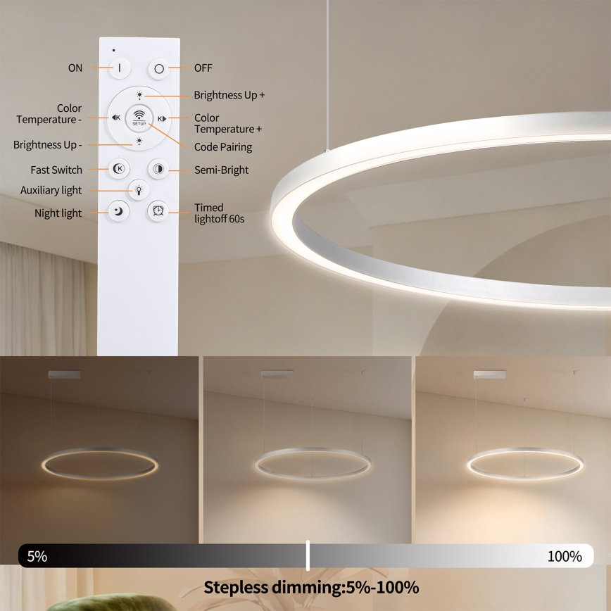 Brilagi - Dimbare LED-hanglamp met kabel PORTOFINO LED/60W/230V 3000-6000K Ø 80 cm zilver + afstandsbediening
