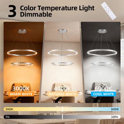 Brilagi - LED-dimbare hanglamp met kabel PORTOFINO LED/98W/230V 3000-6000K Ø 80 cm zilver + afstandsbediening