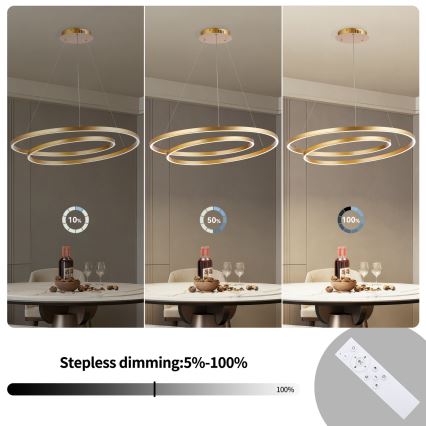 Brilagi - Dimbare LED-hanglamp aan kabel TWISTER LED/105W/230V 3000-6000K Ø 100 cm goud + afstandsbediening