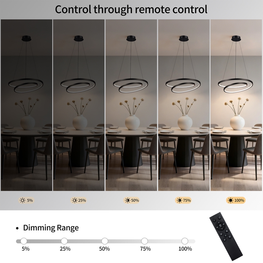 Brilagi - Dimbare LED-hanglamp aan kabel TWISTER LED/48W/230V 3000-6000K Ø 50 cm zwart + afstandsbediening