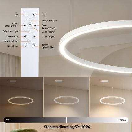 Brilagi - Dimbare LED-hanglamp aan kabel PORTOFINO LED/60W/230V 3000-6000K Ø 80 cm wit + afstandsbediening