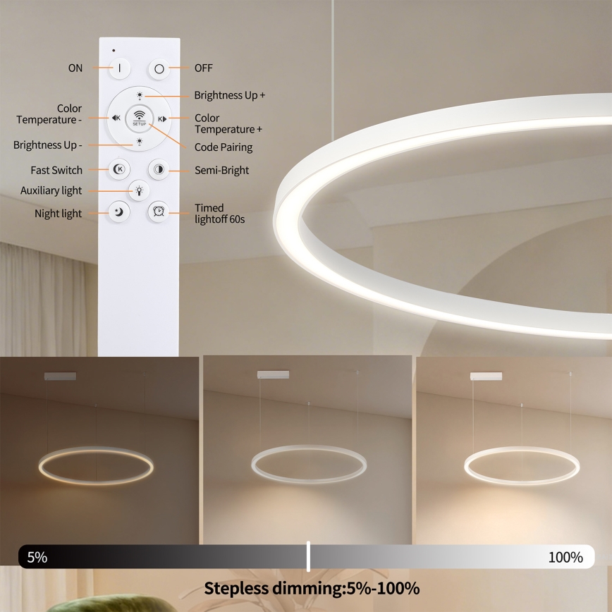 Brilagi - Dimbare LED-hanglamp aan kabel PORTOFINO LED/60W/230V 3000-6000K Ø 80 cm wit + afstandsbediening