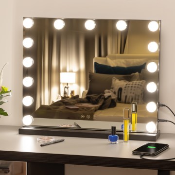 BRILAGI - LED dimbare make-upspiegel HOLLYWOOD LED/15W/230V CCT + USB zwart
