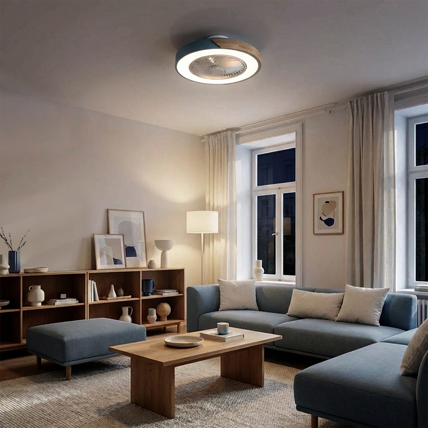 Brilagi - Dimbare LED-plafondlamp met ventilator LED/38W/230V 3000-6500K Ø 50 cm blauw/eiken + afstandsbediening