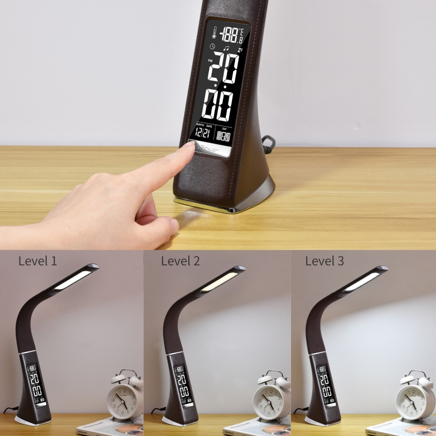 Brilagi - LED Dimbare tafellamp met display PELLE LED/7W/230V bruin