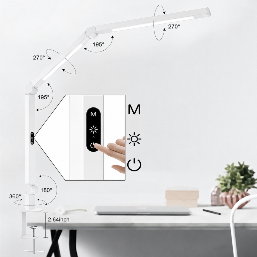 Brilagi - LED-dimbare, aanraakgevoelige flexibele bureaulamp VARIO LED/12W/230V 3000/4000/5000/6500K CRI 92 wit