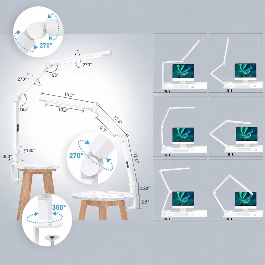 Brilagi - LED-dimbare, aanraakgevoelige flexibele bureaulamp VARIO LED/12W/230V 3000/4000/5000/6500K CRI 92 wit