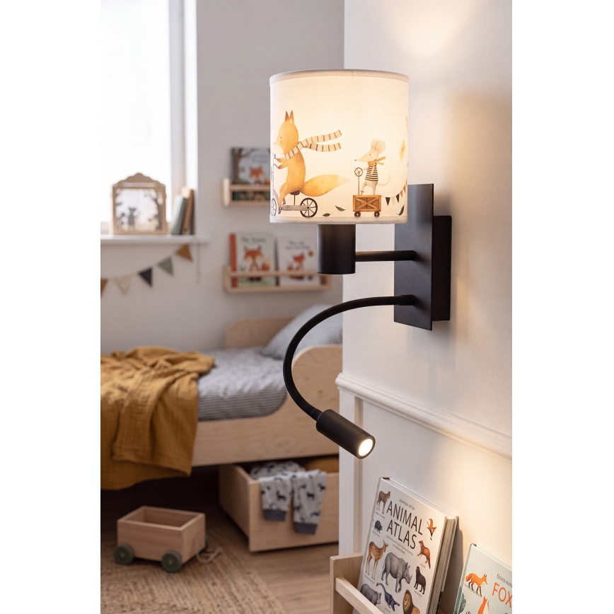 Brilagi - LED flexibele kinderwandlamp BOBO 1xE27/25W/230V + LED/3W zwart/wit/met dierenmotief