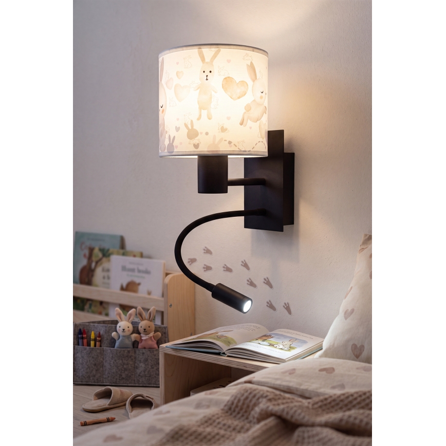 Brilagi - LED flexibele kinderwandlamp BOBO 1xE27/25W/230V + LED/3W zwart/wit/konijntjes