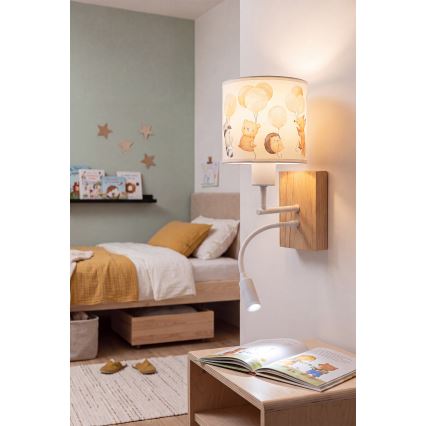Brilagi - LED flexibele wandlamp voor kinderen BOBO WOOD 1xE27/25W/230V + LED/3W eik/wit/dierenmotief